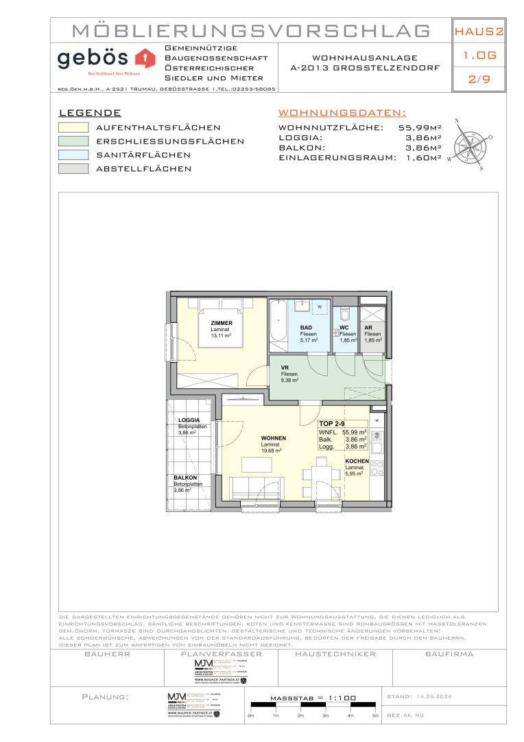 Grundriss für eine 2-Zimmer-Wohnung mit Loggia, Balkon und separatem WC.