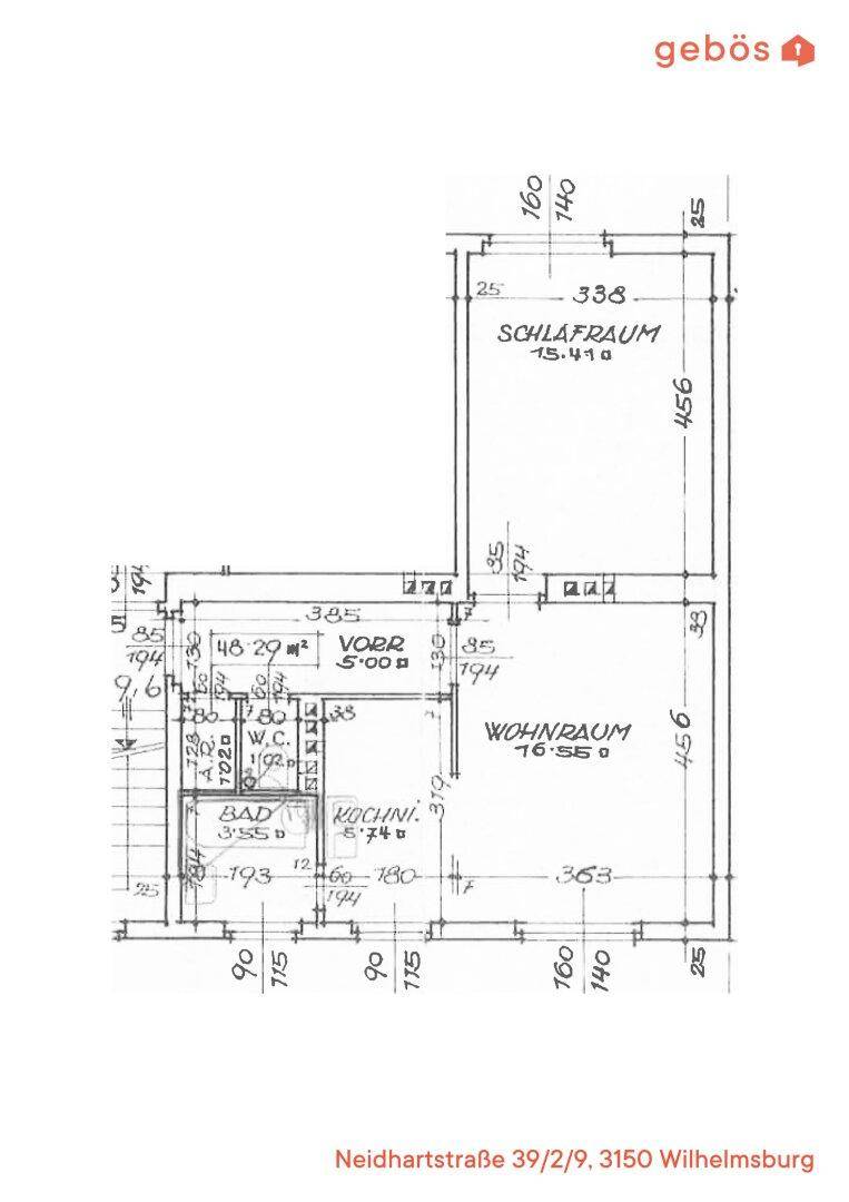 Detaillierter Grundriss einer Wohnung mit Raummaßen und der Adresse des Gebäudes.