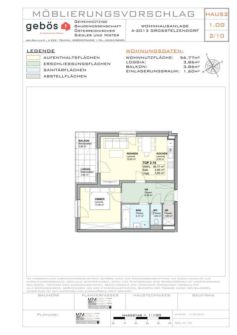 Detaillierter Grundriss einer Wohnung mit Aufteilung in Wohn-, Schlaf- und Sanitärbereiche.