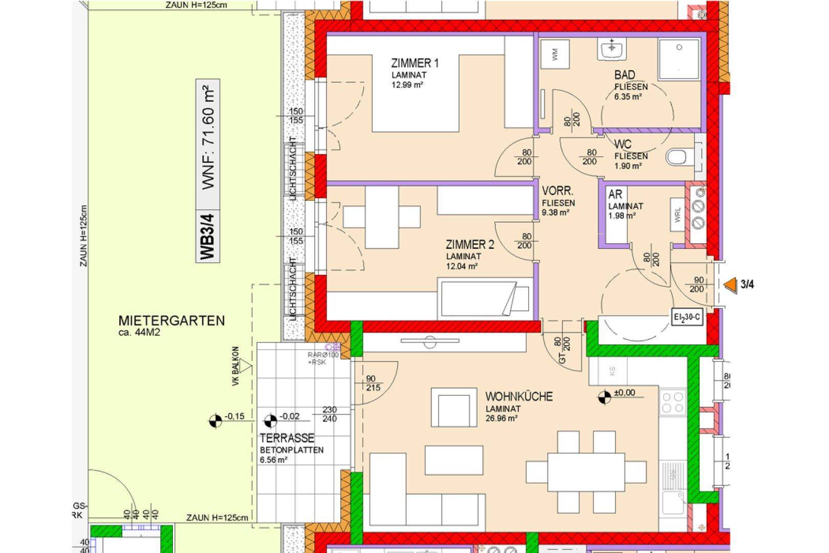 Detaillierter Grundriss einer Wohnung mit zwei Zimmern, Wohnküche, Terrasse und Mietergarten.