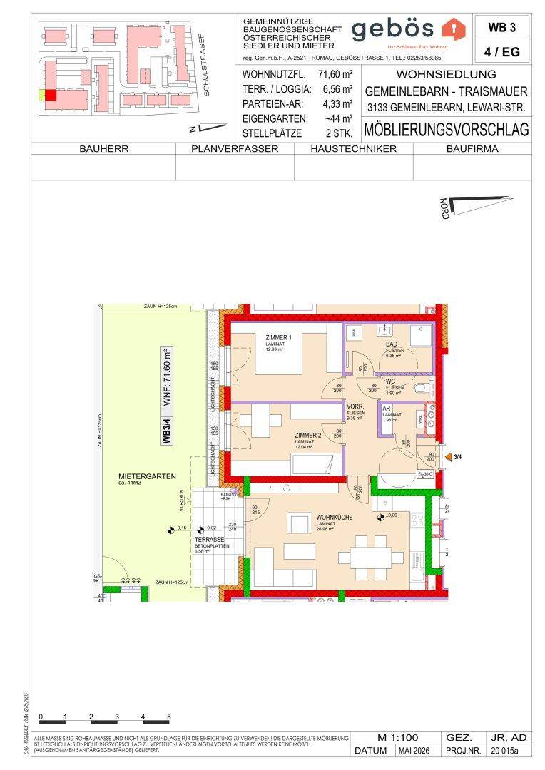 Offizieller Grundrissplan einer Wohnung mit Wohnküche, zwei Zimmern und Außenbereichen.