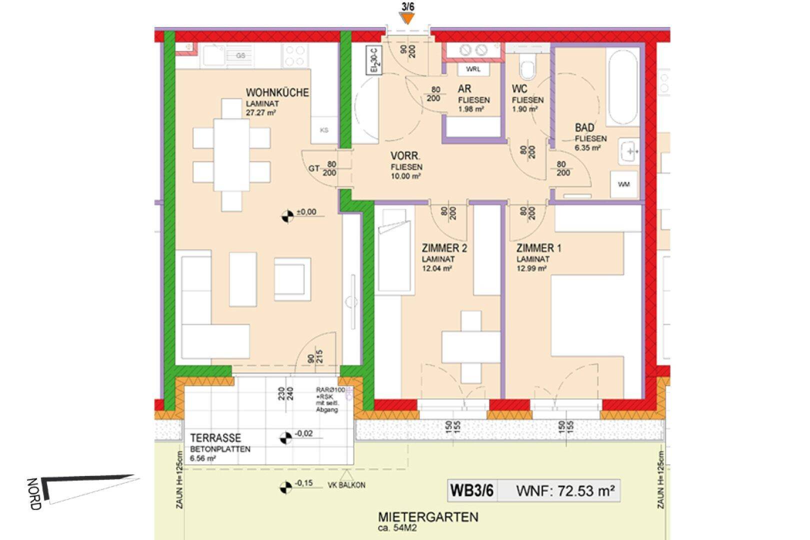 Detaillierter Grundriss einer Wohnung mit Wohnküche, zwei Zimmern, Bad und Terrasse.