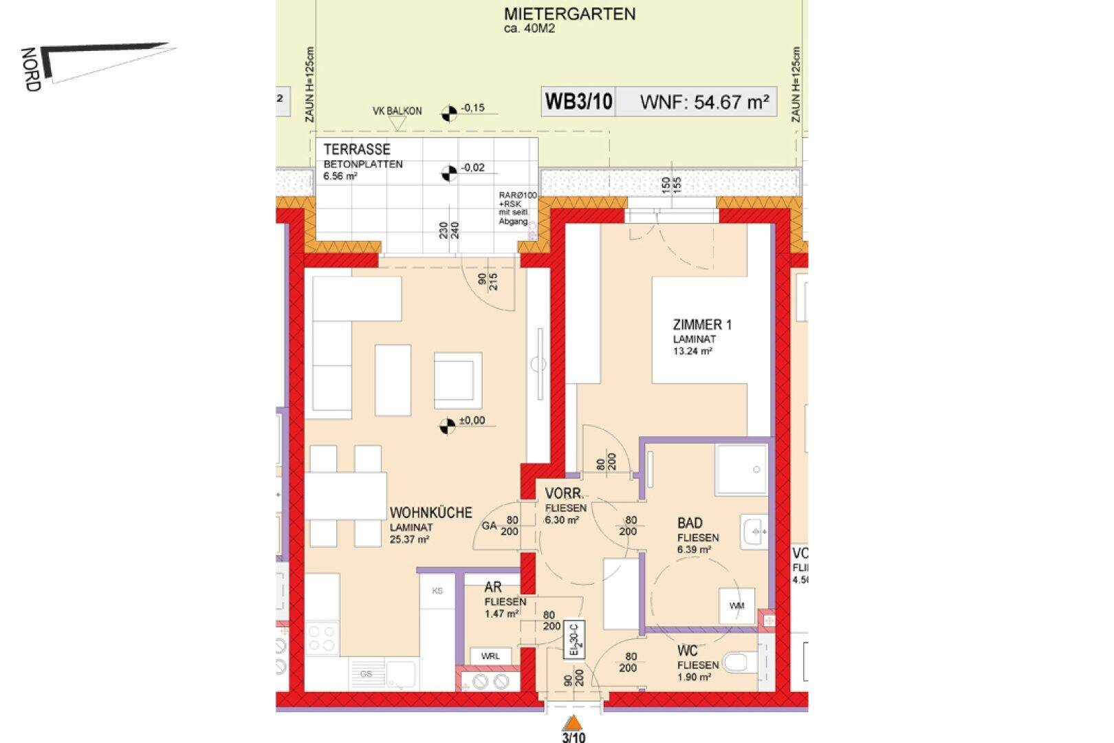 Grundriss einer Wohnung mit offener Wohnküche, Schlafzimmer, Bad, WC, Terrasse und Mietergarten.