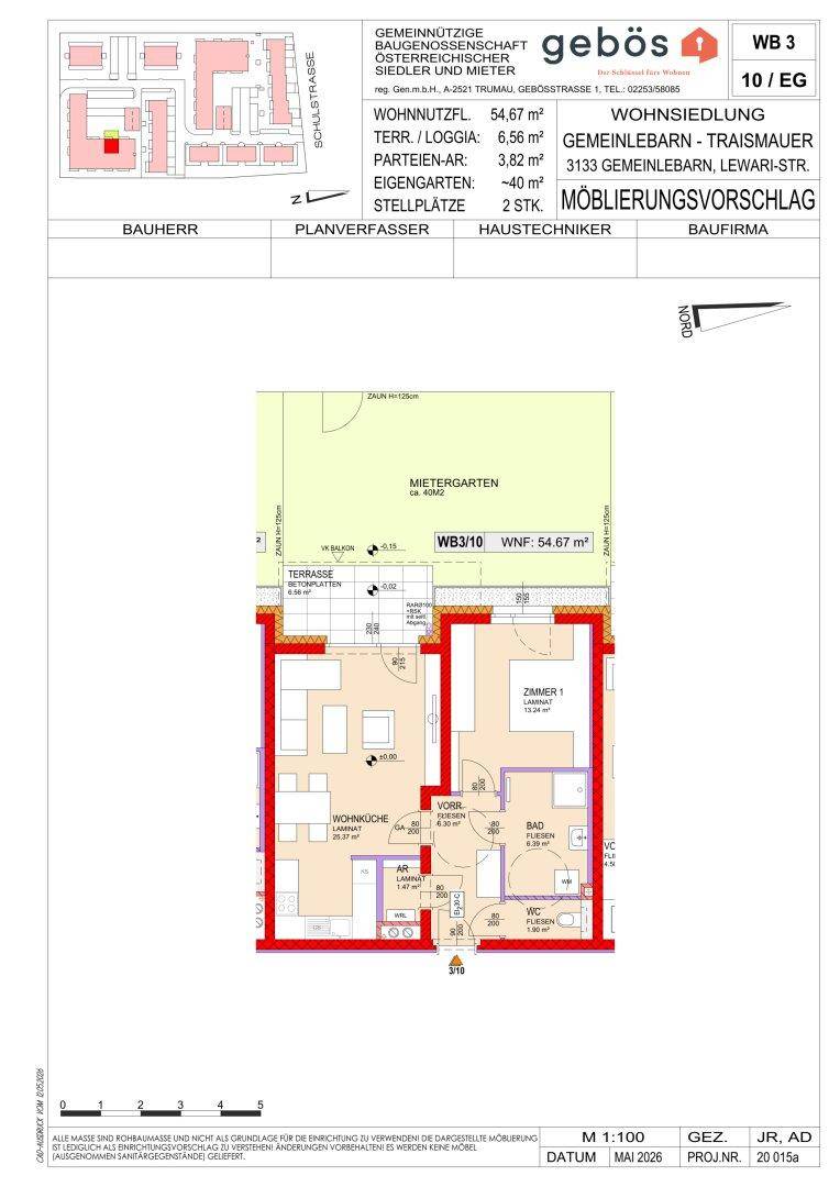 Detaillierter Grundriss einer Wohnung mit Wohnküche, Schlafzimmer, Bad, WC und Zugang zu Terrasse und Garten.