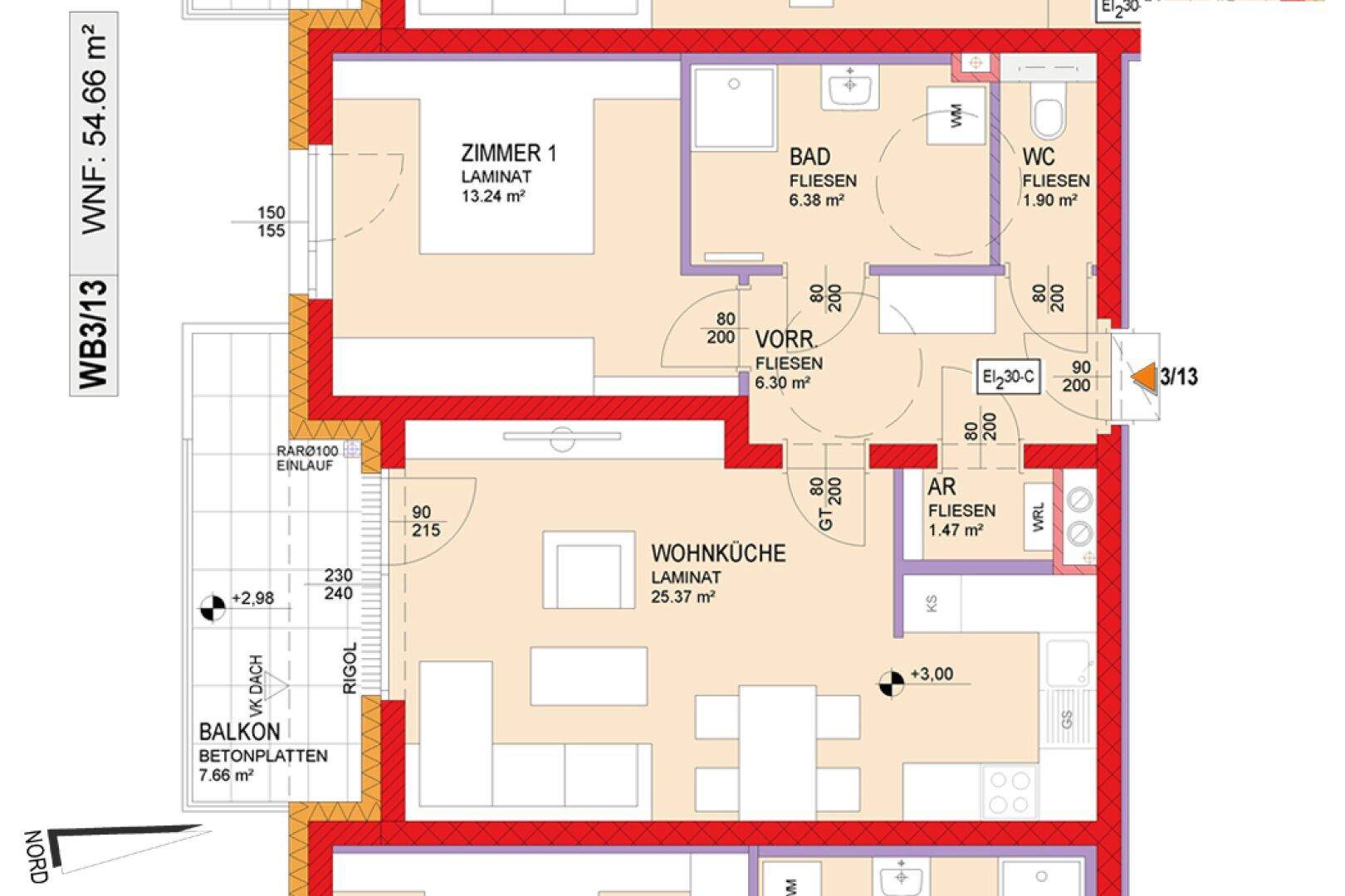 Detaillierter Grundriss einer Wohnung mit Wohnküche, Schlafzimmer, Bad und Balkon.