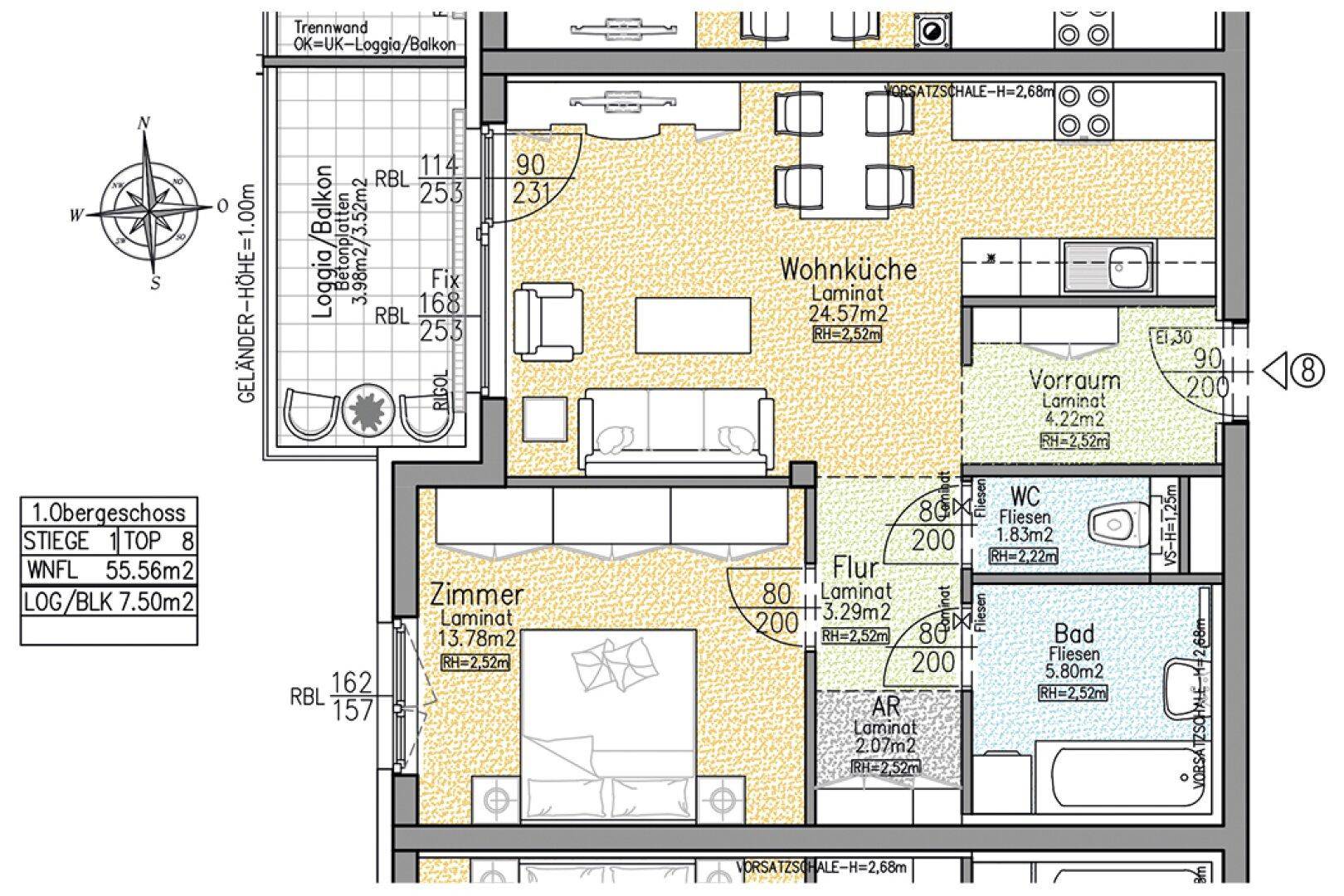 Detaillierter Grundriss einer Wohnung mit Wohnküche, Schlafzimmer und Loggia.