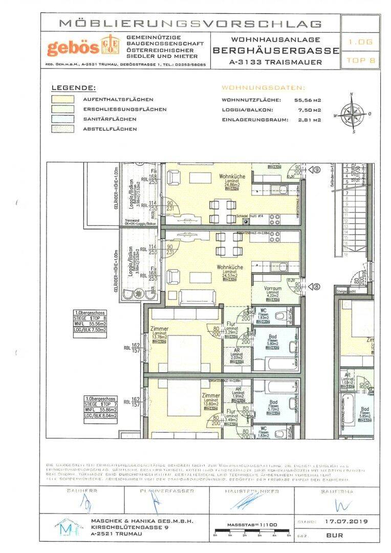 Möblierungsvorschlag und detaillierter Grundriss einer Wohnung mit mehreren Zimmern.