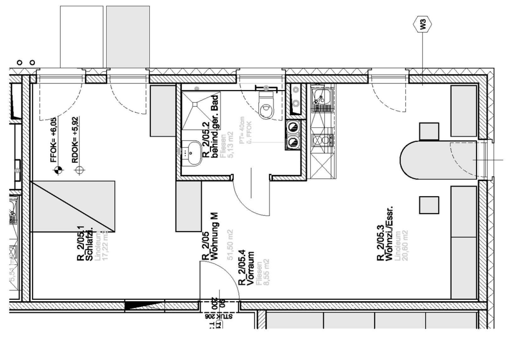 Grundriss einer Wohnung mit Schlafzimmer, Bad und offenem Wohn-/Essbereich.