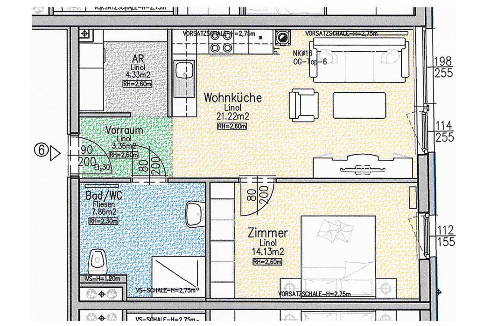 Detaillierter Grundriss einer Wohnung mit Wohnküche, Schlafzimmer, Bad und Abstellraum.