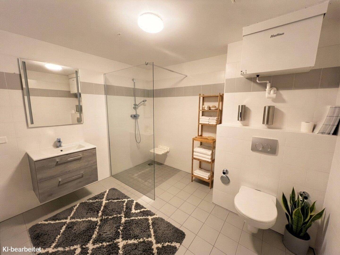 Modernes Badezimmer mit ebenerdiger Dusche, Wand-WC und schwebendem Waschtisch.