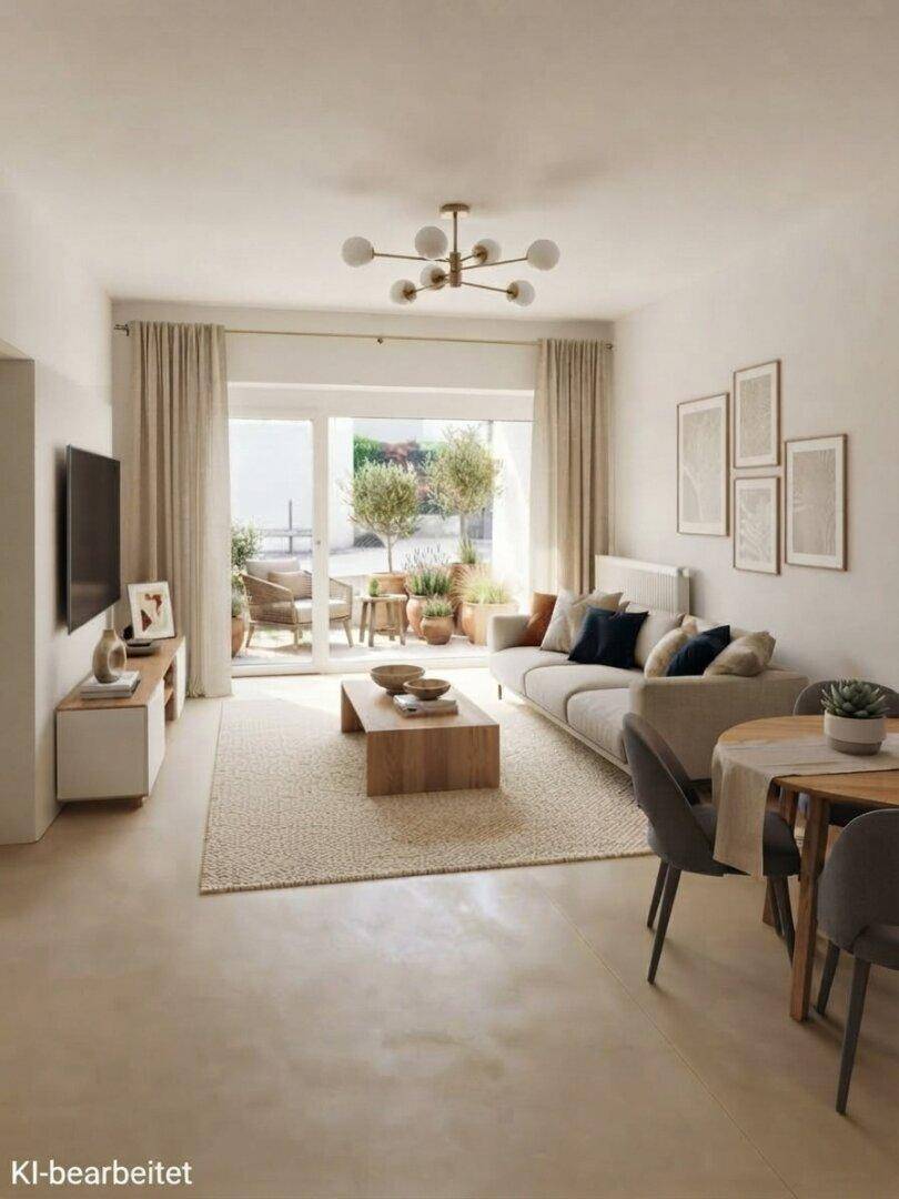 Heller Wohn- und Essbereich mit modernem Design und Zugang zu einer möblierten Terrasse.
