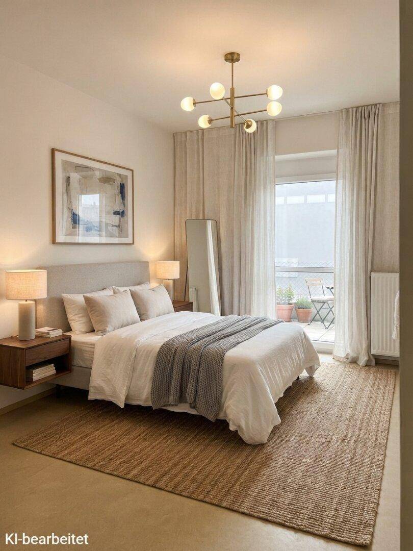 Gemütliches Schlafzimmer mit großem Bett, stilvoller Beleuchtung und Zugang zum Balkon.