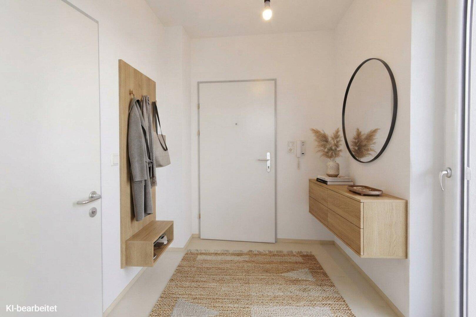 Heller Eingangsbereich mit moderner Garderobe, Spiegel und schwebender Kommode.