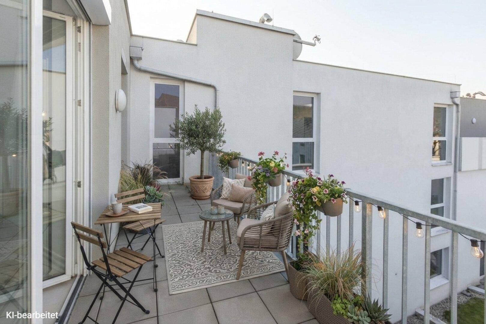 Gemütlicher Balkon mit Sitzgelegenheiten, Pflanzen und Lichterkette für entspannte Abende.