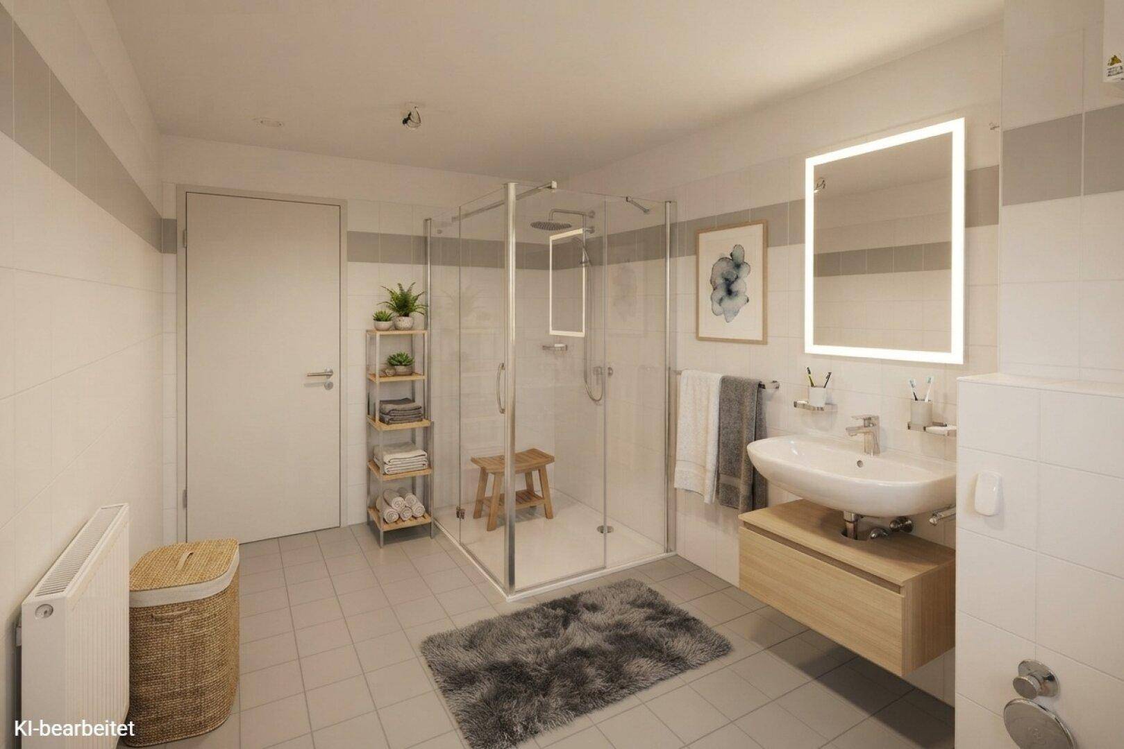 Modernes Badezimmer mit ebenerdiger Dusche, beleuchtetem Spiegel und Holzwaschtisch.