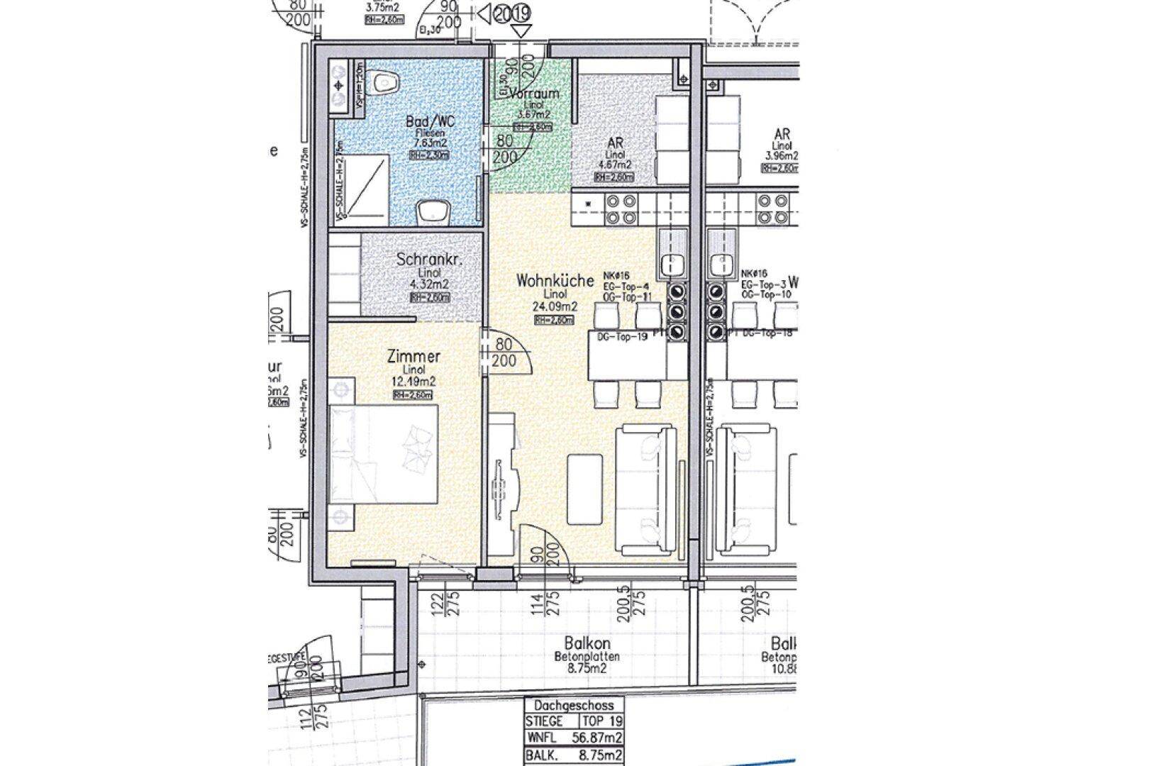 Grundriss einer Wohnung mit offener Wohnküche, einem Schlafzimmer, Bad und Balkon.