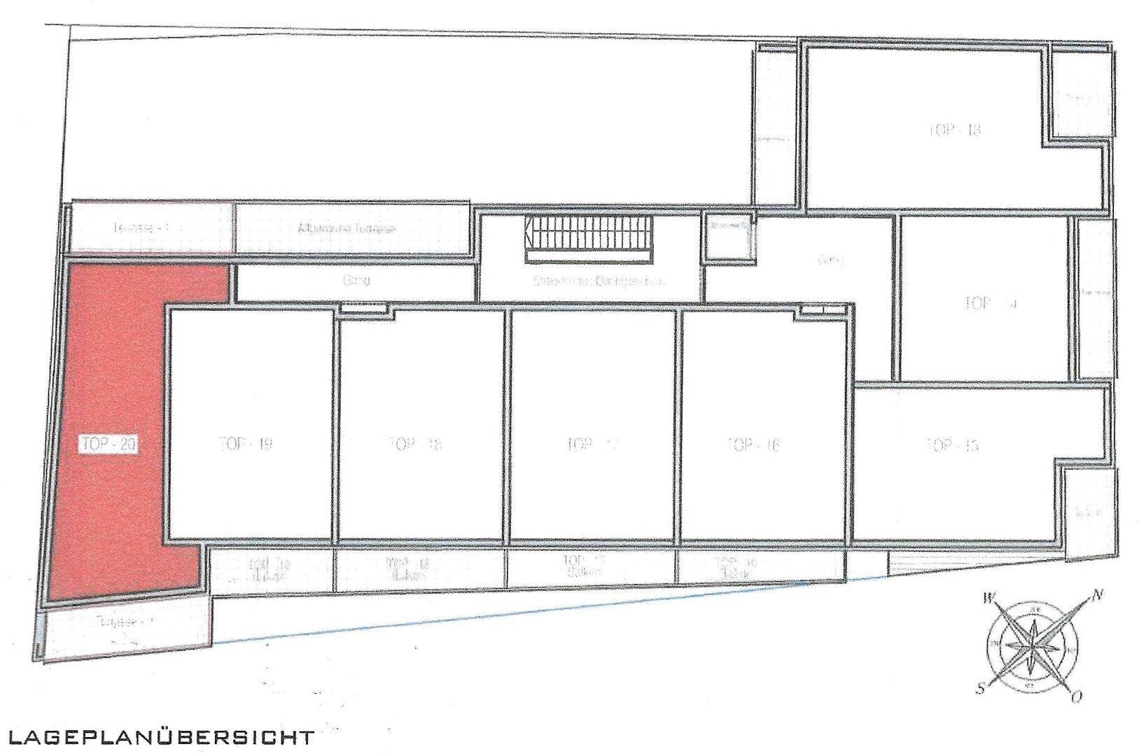 Übersicht des Geschossgrundrisses mit mehreren Wohneinheiten und zentralem Treppenhaus.