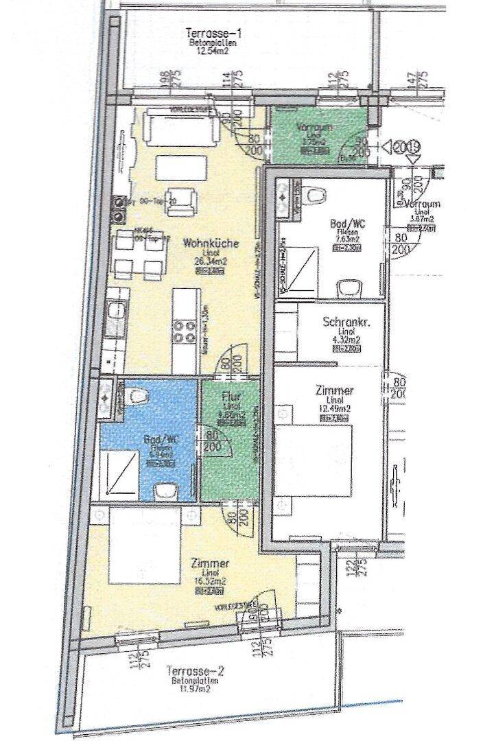 Detaillierter Grundriss einer Wohnung mit offener Wohnküche, zwei Schlafzimmern und zwei Terrassen.