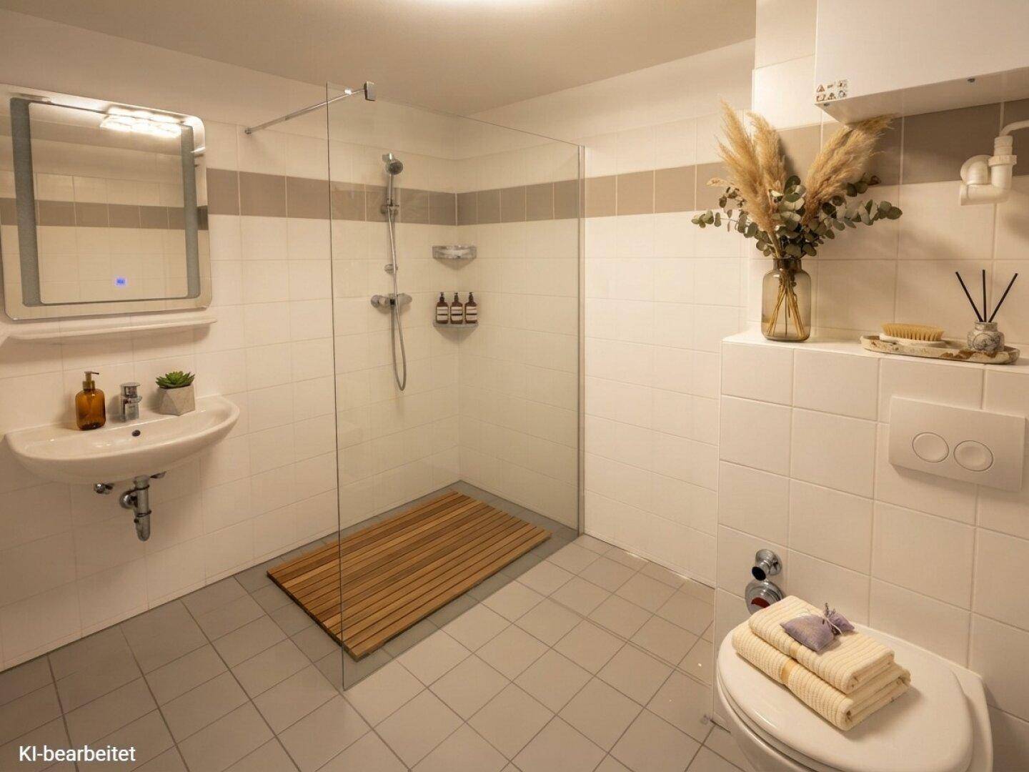 Modernes Badezimmer mit ebenerdiger Dusche, Wand-WC und stilvollen Fliesen in Weiß und Grau.