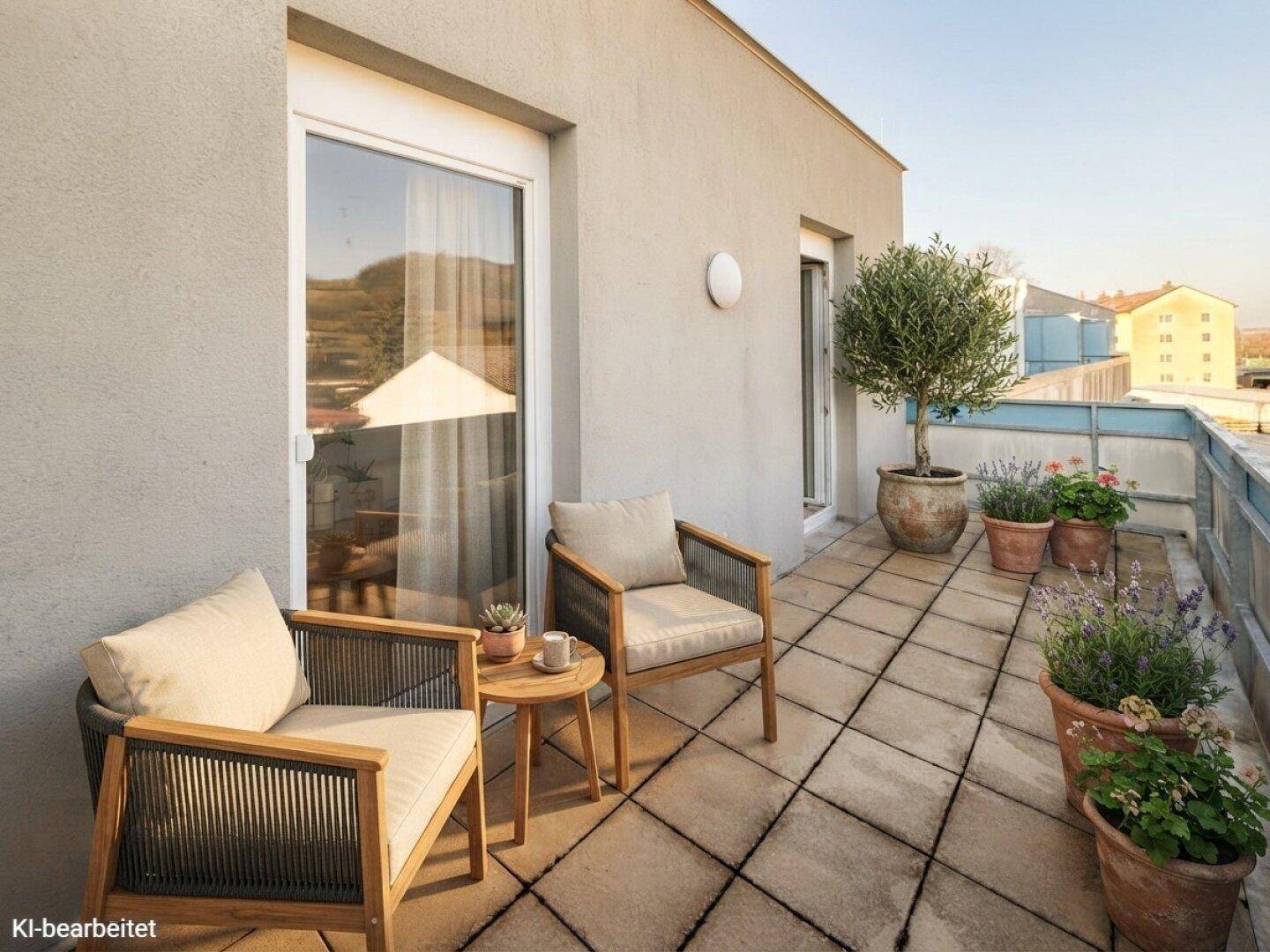 Geräumiger Balkon mit Fliesenboden, bequemen Stühlen und Topfpflanzen, perfekt für sonnige Tage.