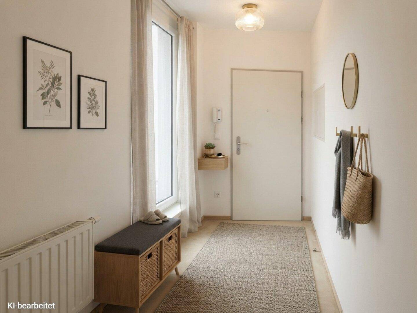 Einladender Flur mit heller Einrichtung, Garderobe und großem Fenster für viel Tageslicht.