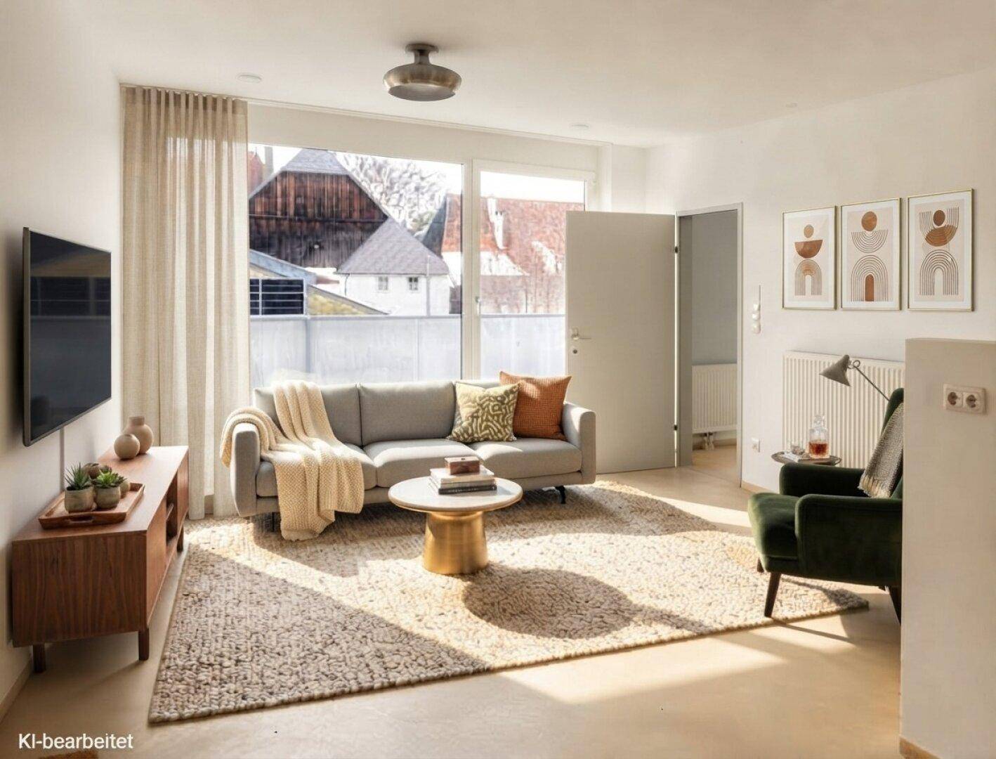 Lichtdurchflutetes Wohnzimmer mit bequemer Couch, modernem Dekor und Zugang zu einem Außenbereich.