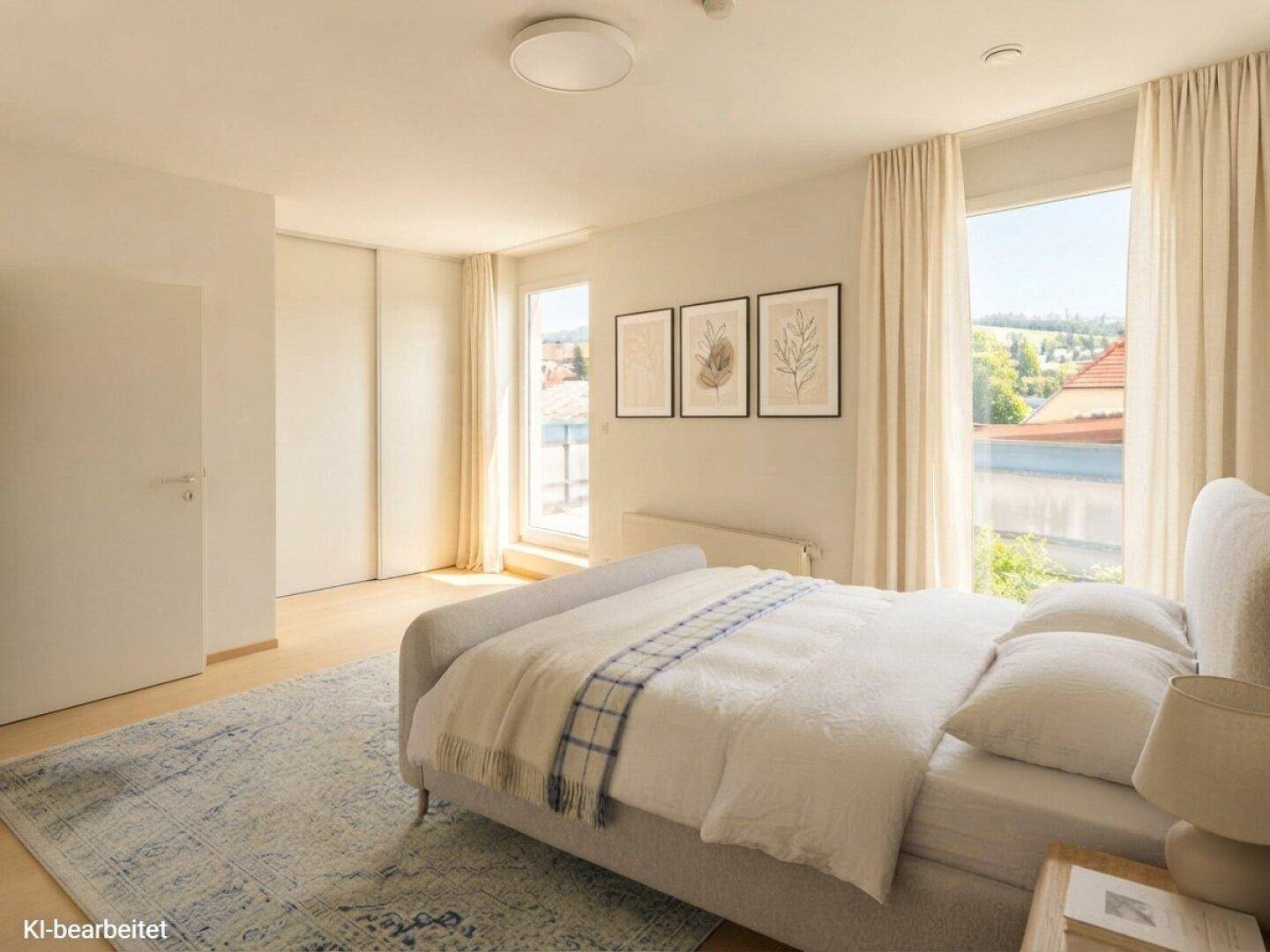 Helles Schlafzimmer mit großem Bett, Holzboden und bodentiefen Fenstern, die viel Licht hereinlassen.
