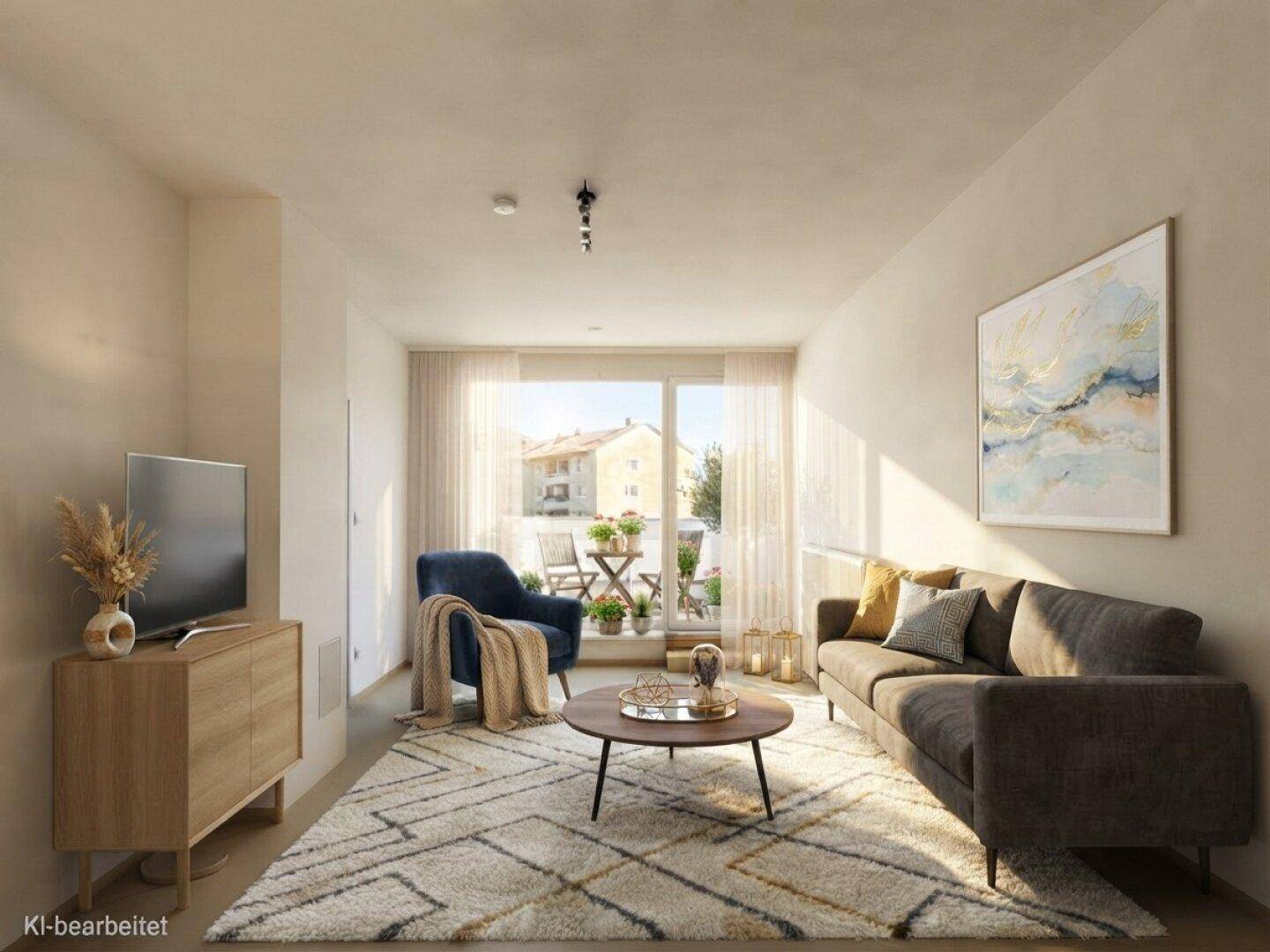 Modernes Wohnzimmer mit gemütlicher Einrichtung, Teppich und Zugang zum Balkon.