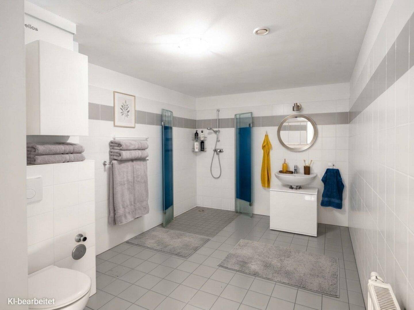 Funktionales Badezimmer mit zwei Duschbereichen, WC und Waschbecken.