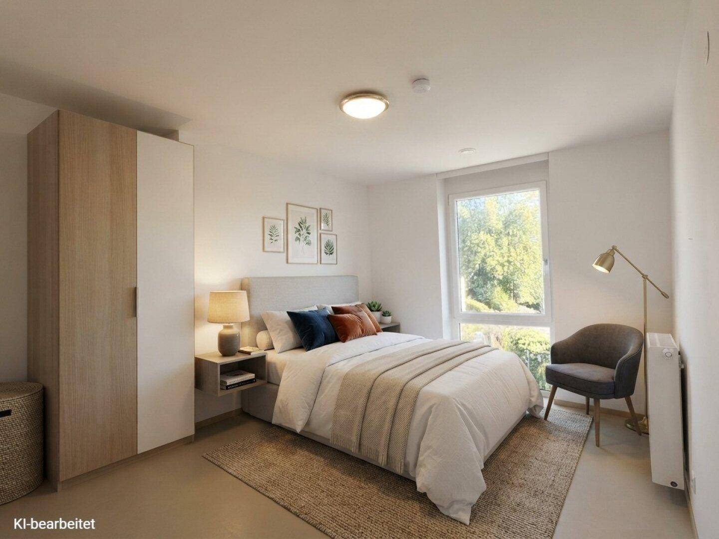 Helles Schlafzimmer mit modernem Bett, Kleiderschrank und Blick ins Grüne.