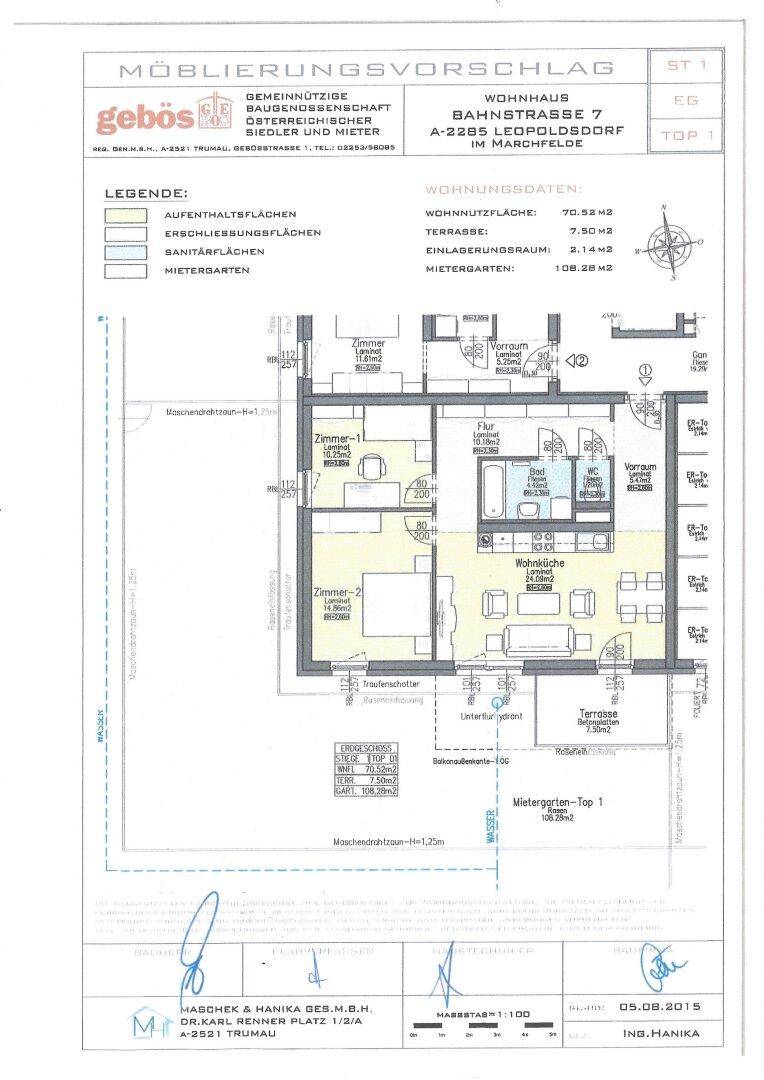 Möblierungsvorschlag für eine Erdgeschosswohnung mit detailliertem Grundriss, Wohnküche und zwei Zimmern.
