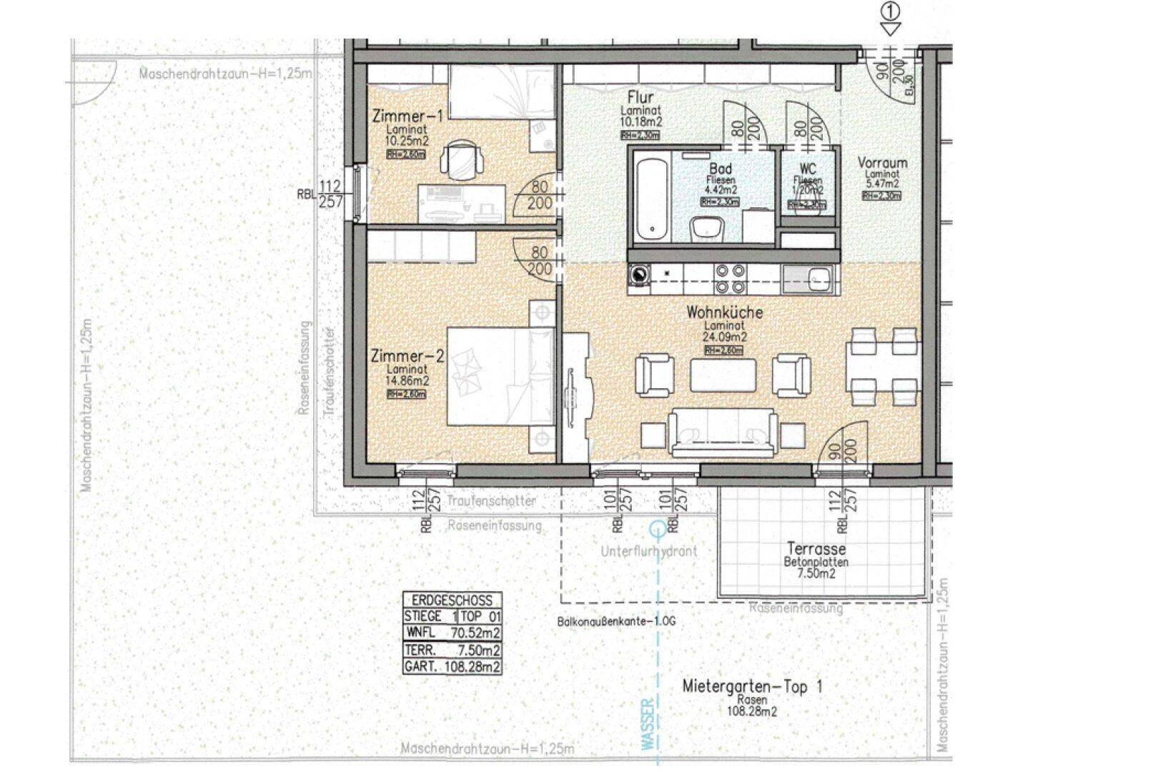 Grundriss einer Erdgeschosswohnung mit offener Wohnküche, zwei Zimmern, Bad, WC, Terrasse und Gartenanteil.