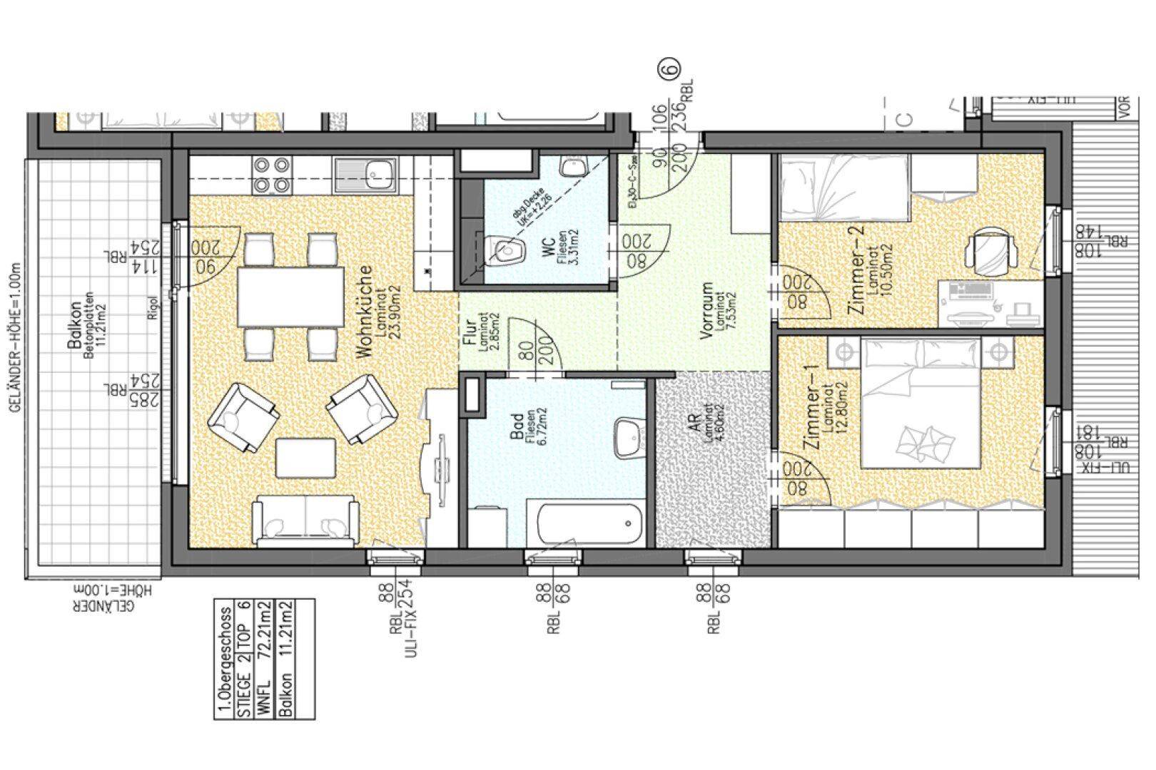 Detaillierter Grundriss einer Wohnung mit offener Wohnküche, zwei Zimmern und einem Balkon.