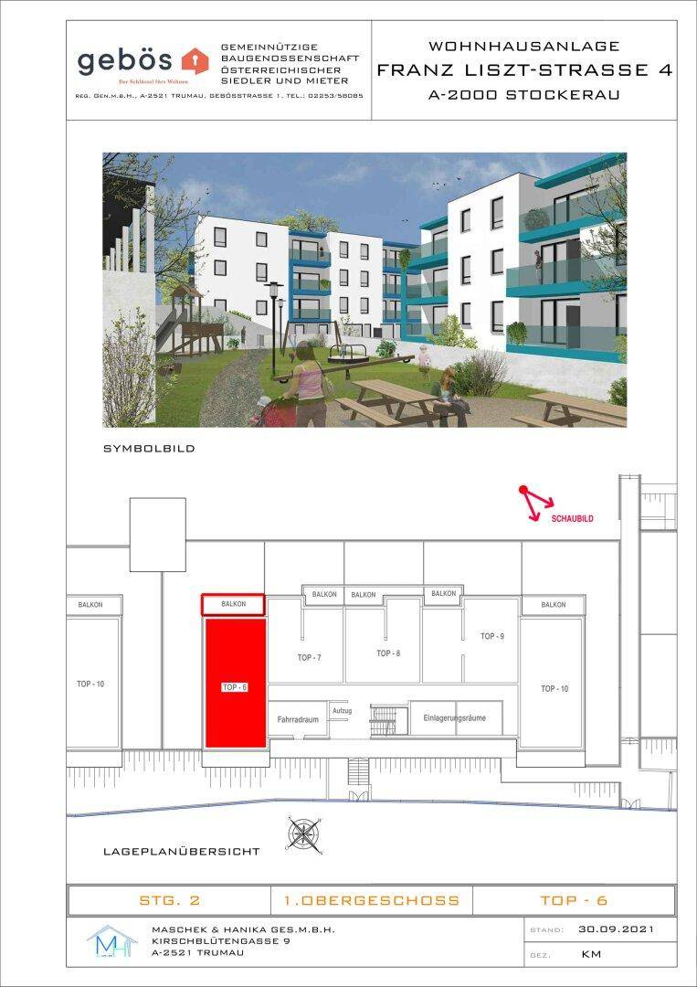Übersichtsplan einer Wohnanlage mit Rendering und Grundriss für eine Wohnung im Obergeschoss.
