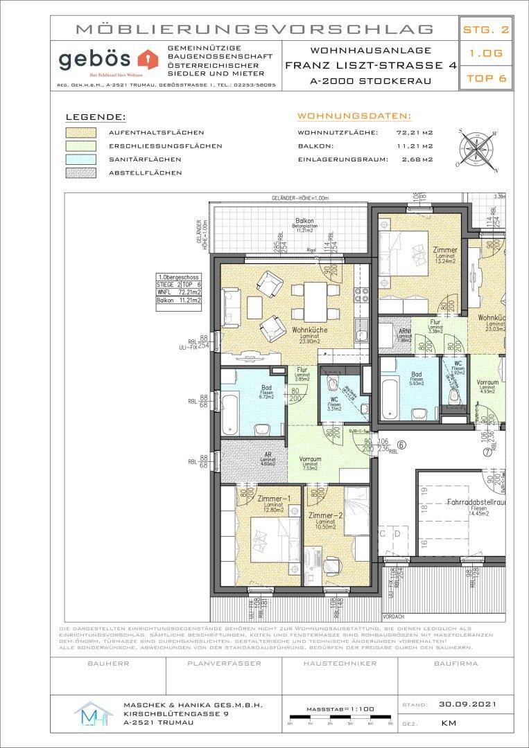 Möblierungsvorschlag für eine Wohnung mit offener Wohnküche, zwei Schlafzimmern und Balkon.