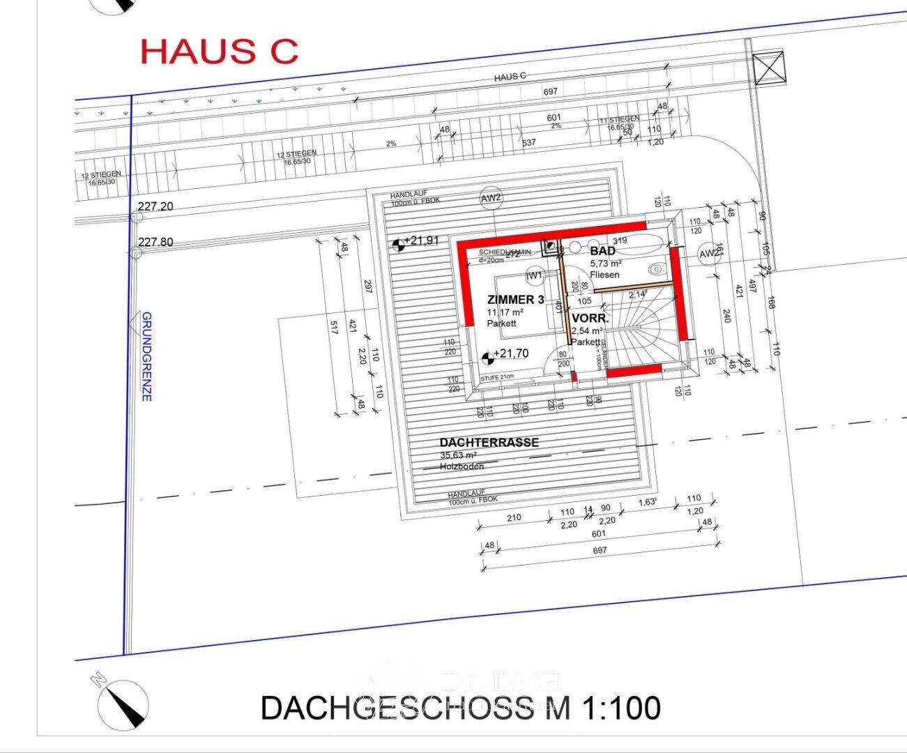 Grundriss des Dachgeschosses mit Dachterrasse, einem Zimmer und Badezimmer.