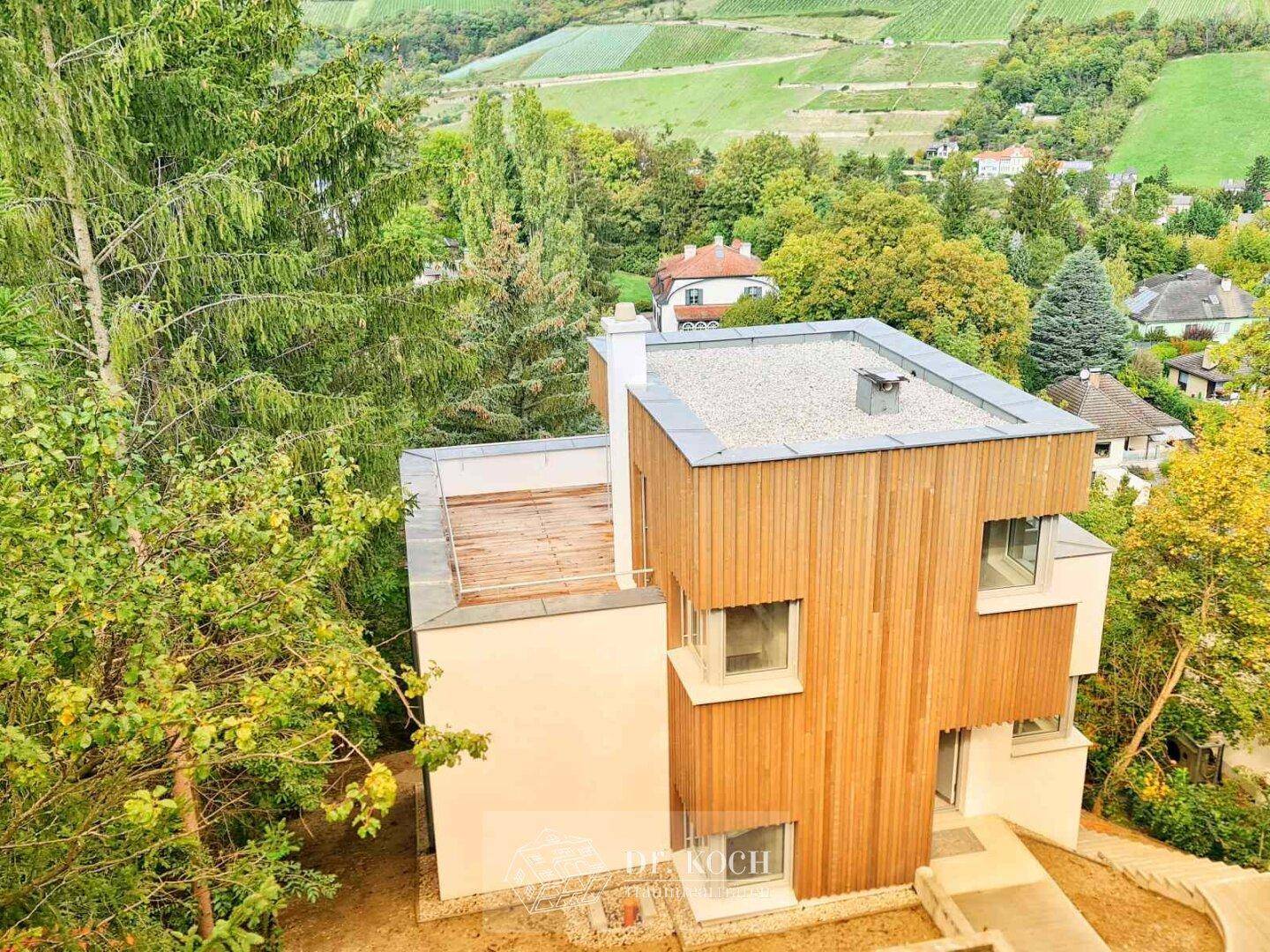 Moderne Architektur des Hauses mit Holzfassade und Flachdach, umgeben von viel Grün.