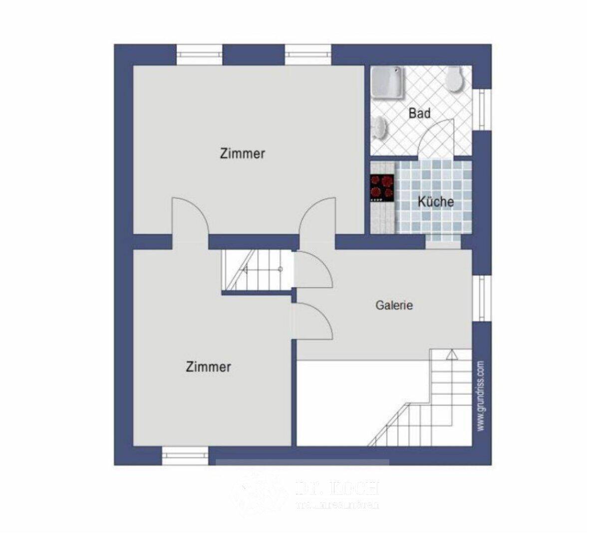 Grundriss einer Etage mit zwei Zimmern, Bad und Küche.
