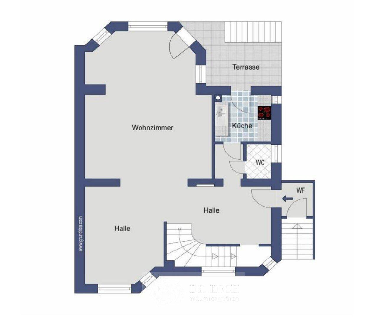 Grundriss einer Etage mit Wohnzimmer, Küche, WC und Terrasse.