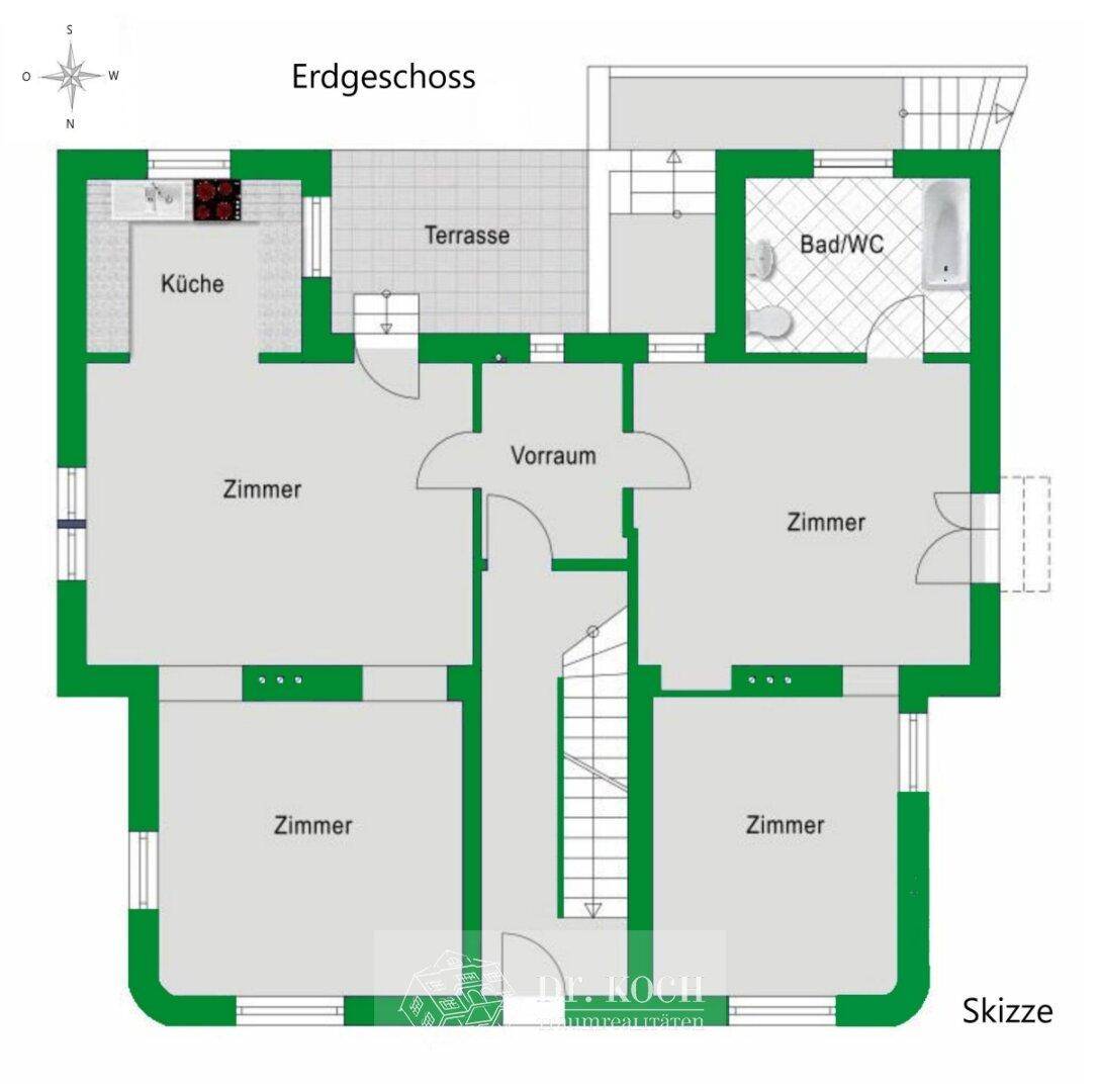 Grundriss des Erdgeschosses mit drei Zimmern, Bad/WC, Küche und Terrasse.