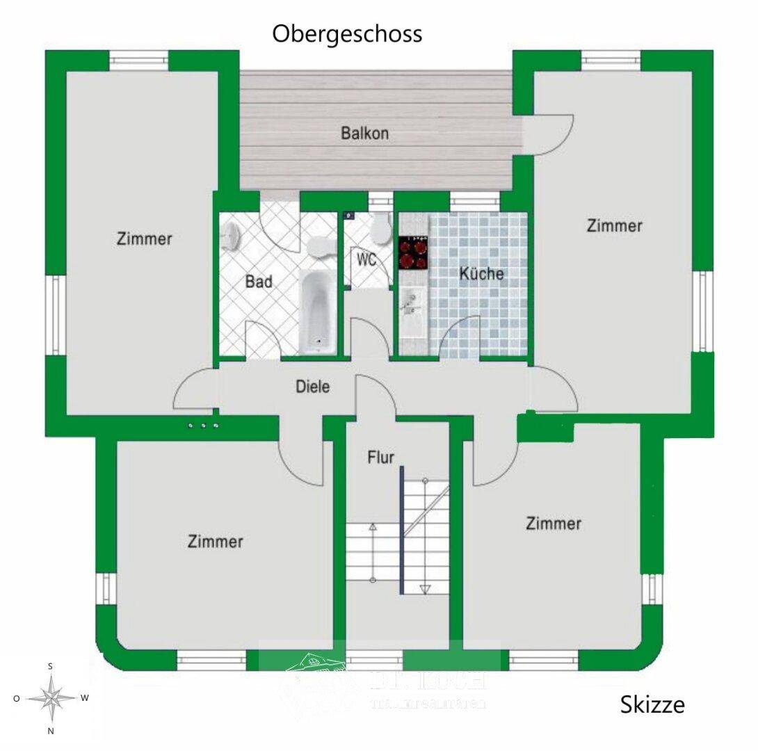 Grundriss des Obergeschosses mit vier Zimmern, Bad, WC, Küche und Balkon.