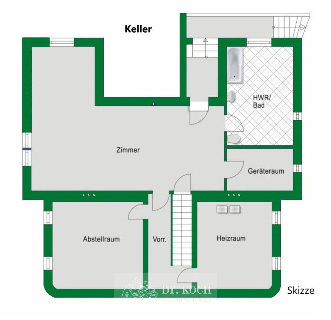 Grundriss des Kellers mit Zimmer, Bad, Abstellraum, Heizraum und Geräteraum.