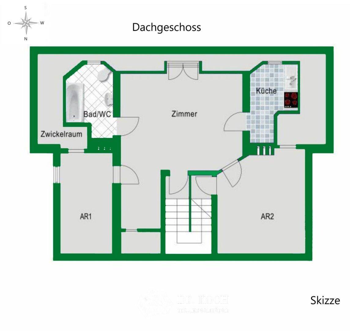 Grundriss des Dachgeschosses mit Zimmer, Bad/WC, Küche und Abstellräumen.