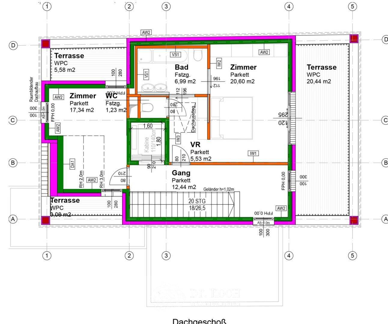 Grundriss des Dachgeschosses mit Zimmern, Bad, WC und zwei Terrassen.
