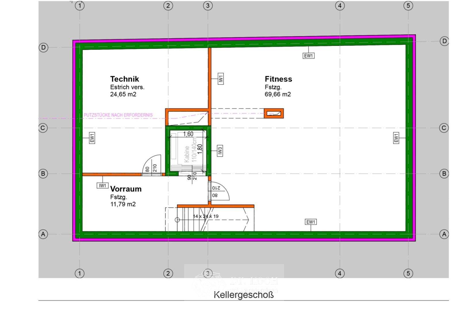 Grundriss des Kellergeschosses mit Technikraum, Vorraum und großem Fitnessbereich.