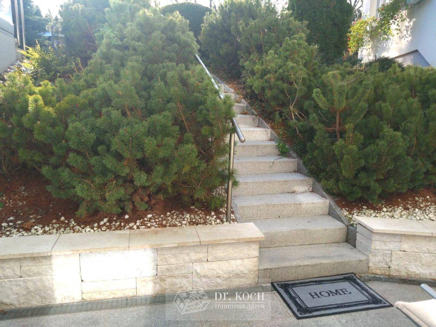 Steintreppe mit Handlauf, umgeben von üppiger Bepflanzung im Außenbereich.