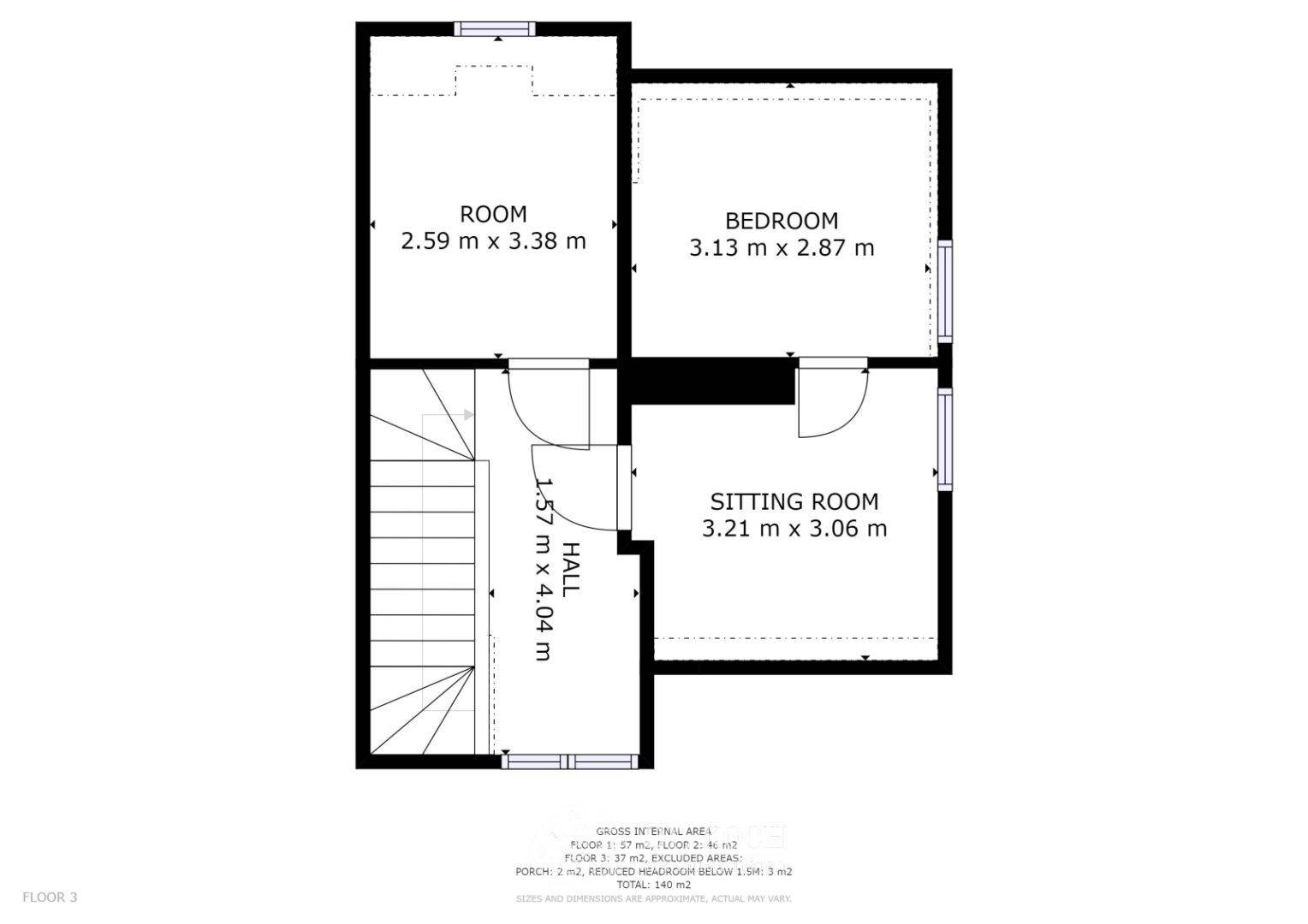 Grundriss des dritten Stocks mit Schlafzimmer, Zimmer und Flur.