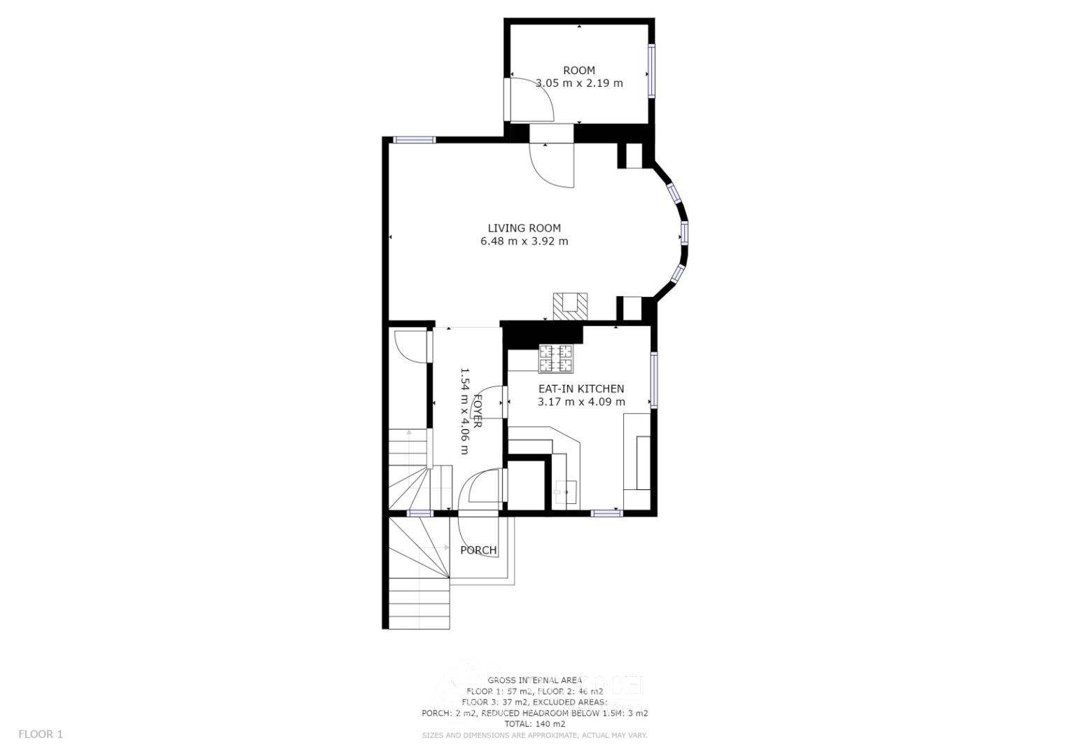 Grundriss des ersten Stocks mit Wohnzimmer, Küche und Foyer.