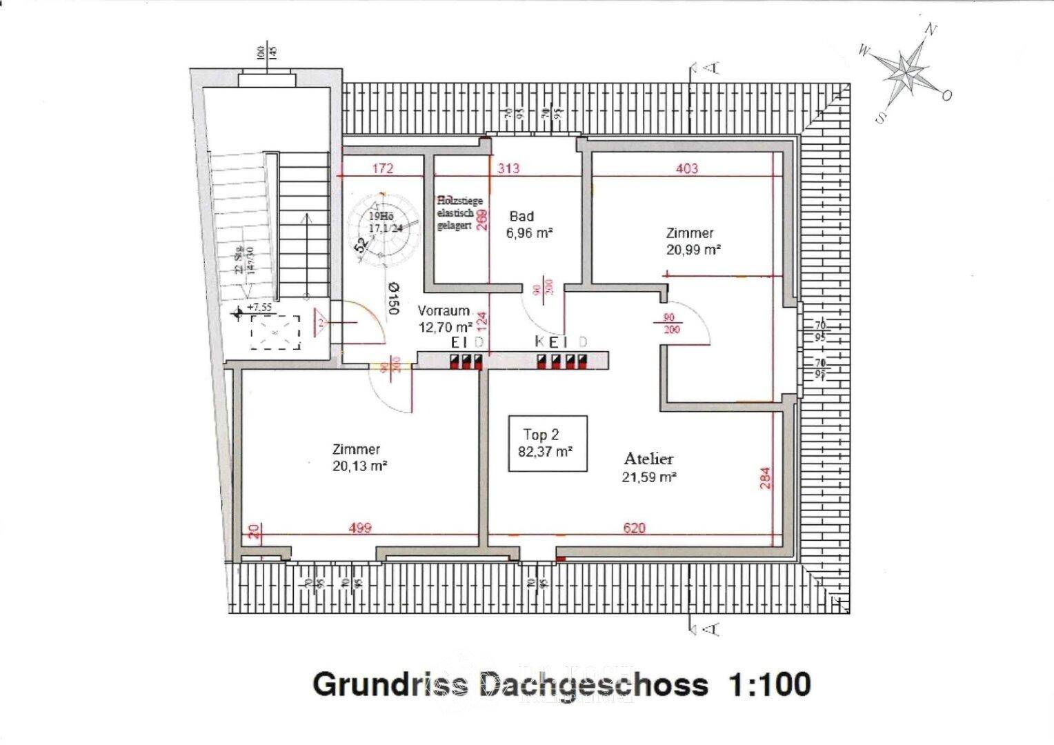 Grundriss des Dachgeschosses mit Zimmern, Atelier und Bad.