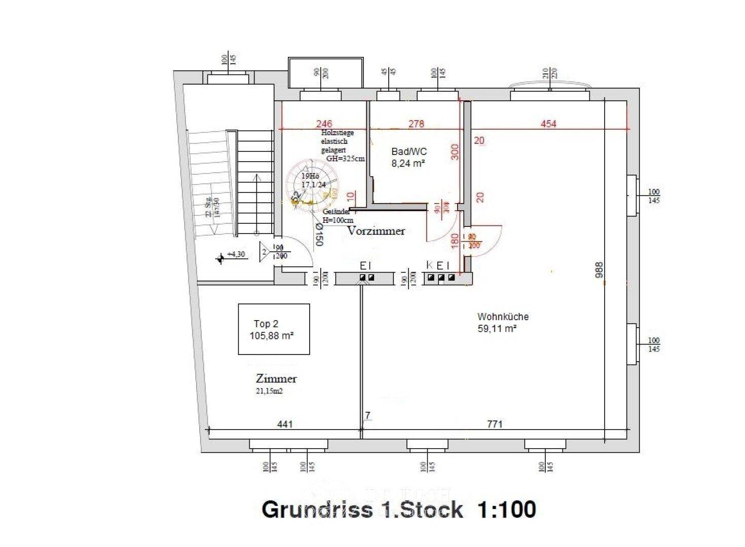 Grundriss des ersten Stocks mit Wohnküche, Zimmern und Bad/WC.